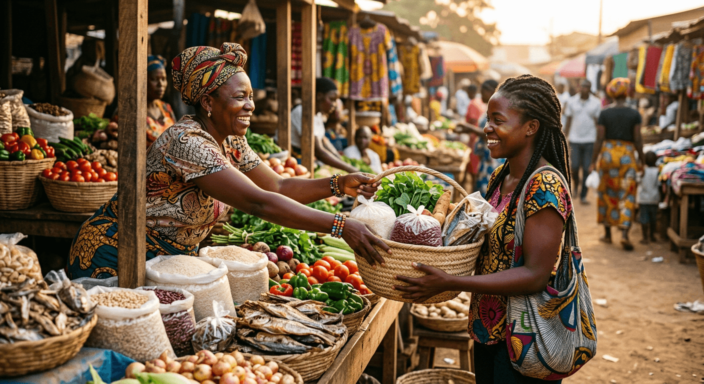 A market vendor handing fresh food across a stall to a customer in Luanda