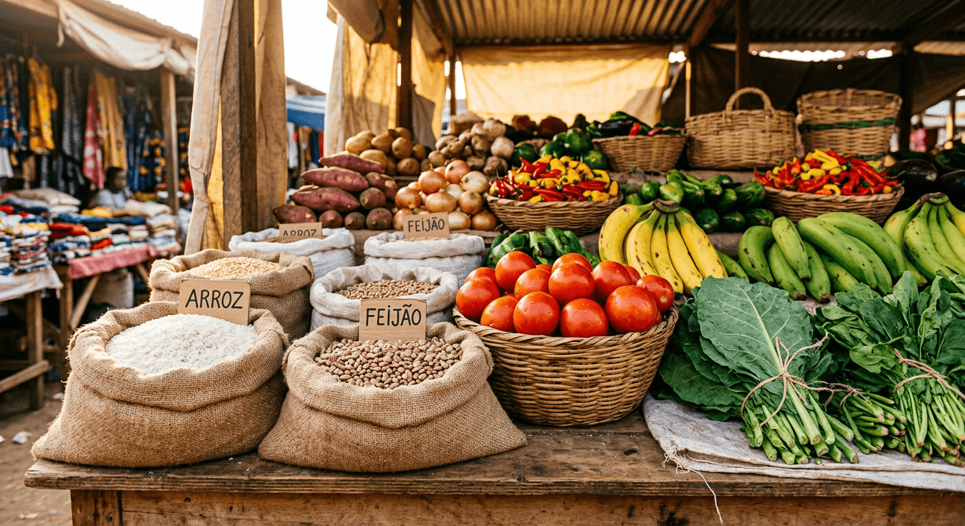 Fresh produce and grain sacks at a Luanda market stall