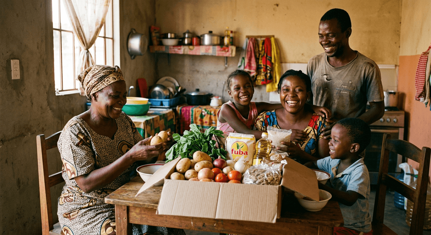 A family receiving a box of fresh food at home
