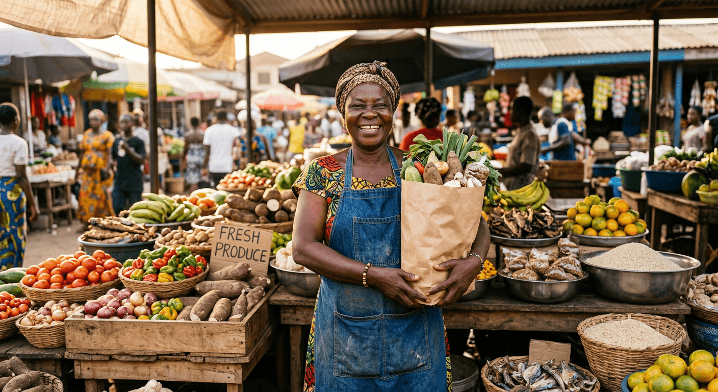 A smiling market vendor at her well-stocked stall